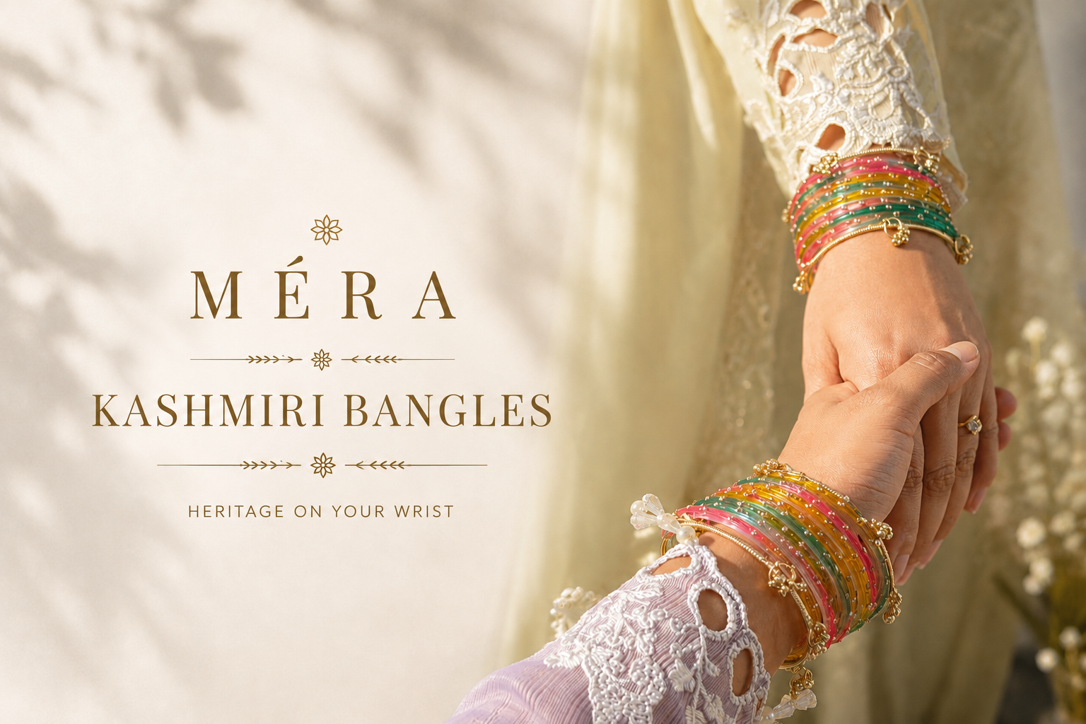 Close-up of hands wearing colorful Kashmiri bangles with 'Méra' branding.