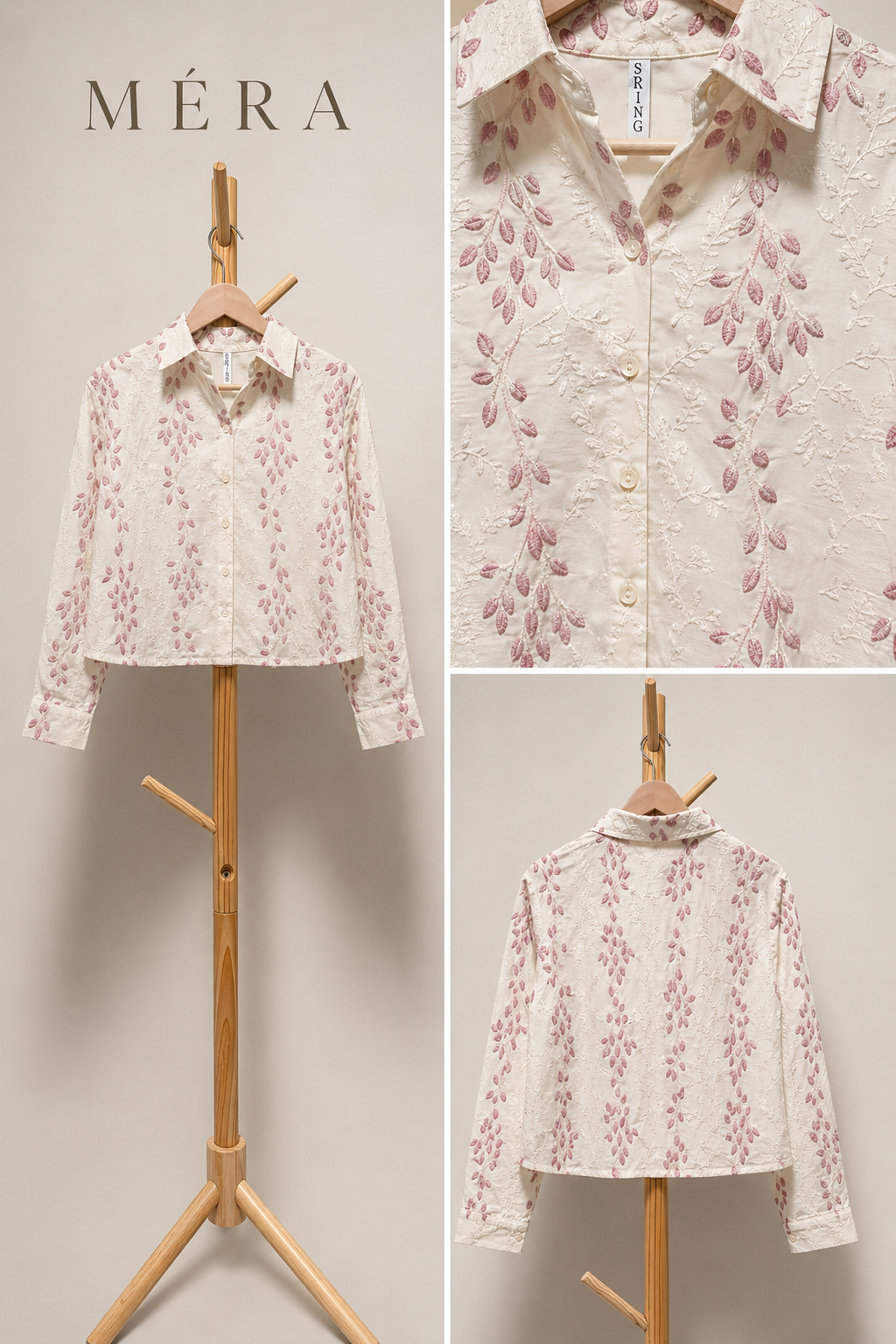 Floral-patterned shirt on a wooden hanger against a neutral background with 'Méra' branding.