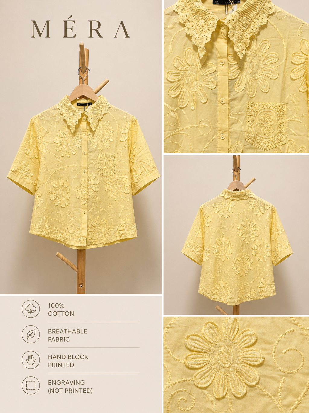 Yellow floral embroidered blouse with Méra branding and product details.